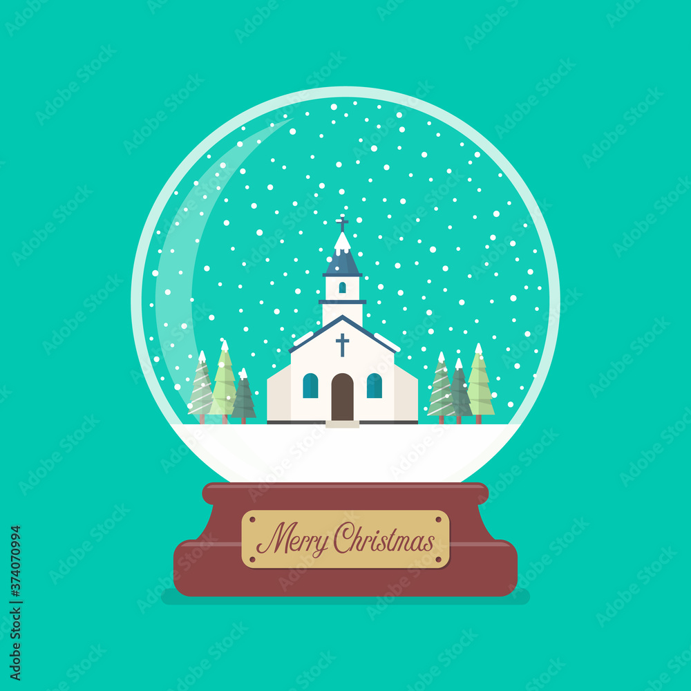 Merry christmas glass ball with church in winter season Merry christmas glass ball with church in winter season