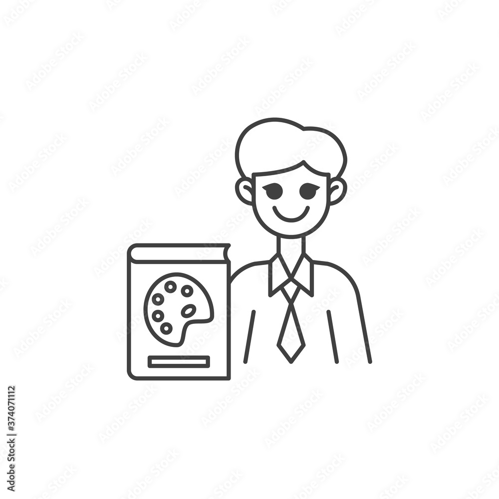 Art teacher line icon. linear style sign for mobile concept and web design. Man teacher with art book outline vector icon. Symbol, logo illustration. Vector graphics Art teacher line icon. linear style sign for mobile concept and web design. Man teacher with art book outline vector icon. Symbol, logo illustration. Vector graphics