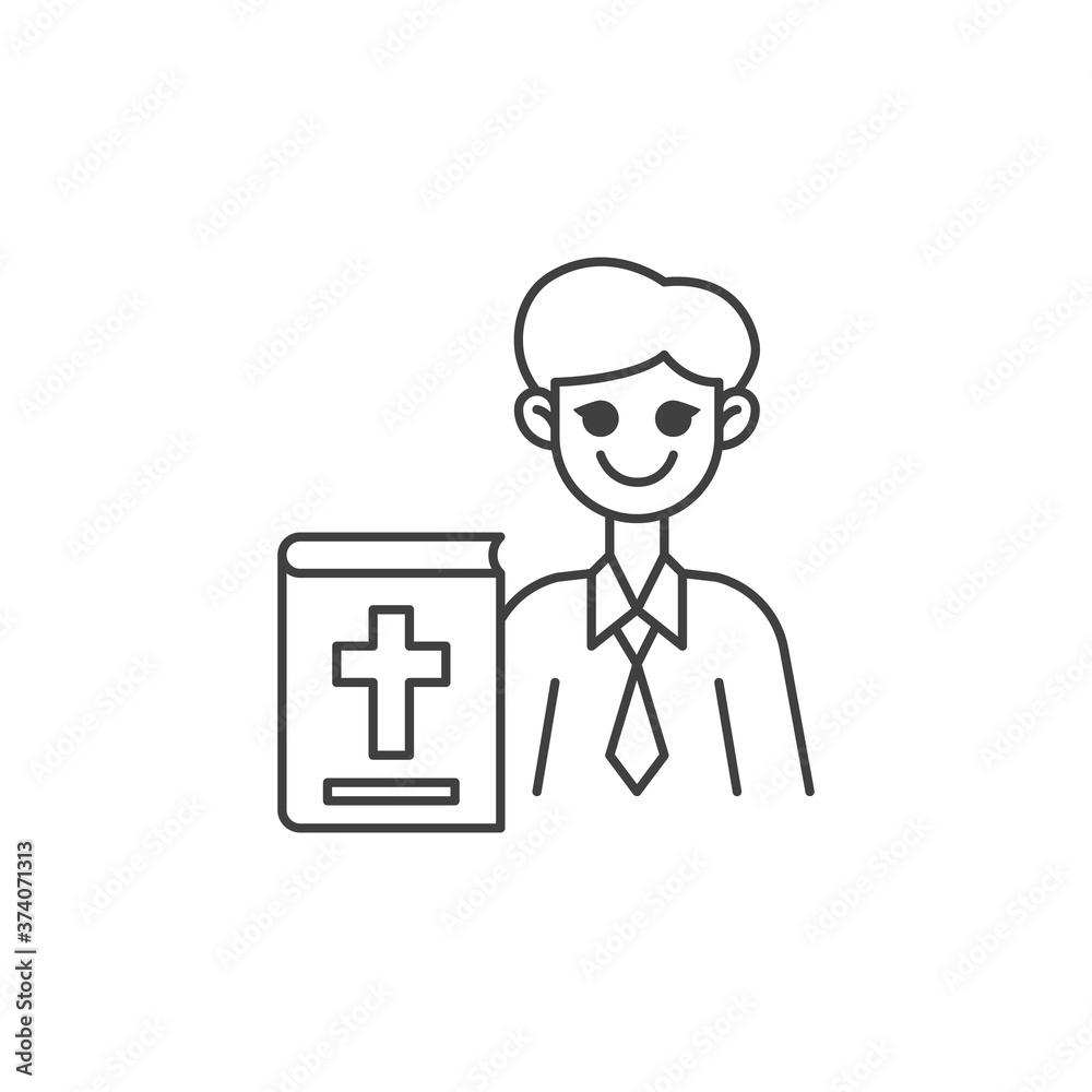 Religious teacher line icon. linear style sign for mobile concept and web design. Man teacher with bible book outline vector icon. Symbol, logo illustration. Vector graphics Religious teacher line icon. linear style sign for mobile concept and web design. Man teacher with bible book outline vector icon. Symbol, logo illustration. Vector graphics