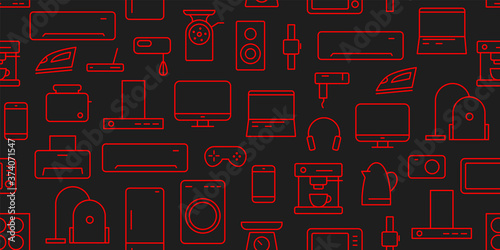 Stock vector seamless pattern of linear icons of electronic equipment and kitchen household electronics and gadgets, red on black