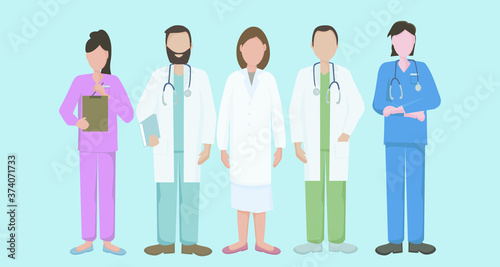 A team of doctors and nurses in uniform, hospital medical staff with stethoscopes in different positions.  The concept of medical care and assistance to people. Vector flat illustration.