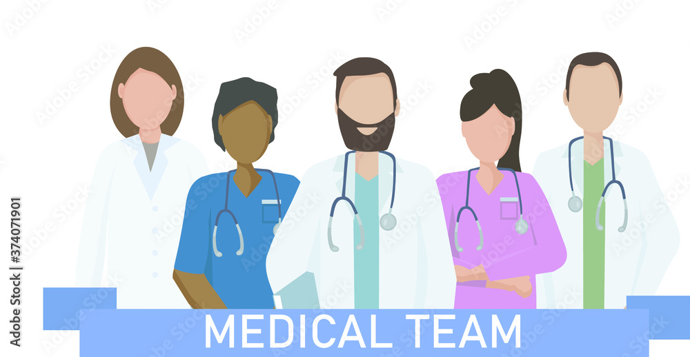 A team of doctors and nurses in uniform, hospital medical staff with stethoscopes in different positions. The concept of medical care and assistance to people. Vector flat illustration. A team of doctors and nurses in uniform, hospital medical staff with stethoscopes in different positions. The concept of medical care and assistance to people. Vector flat illustration.