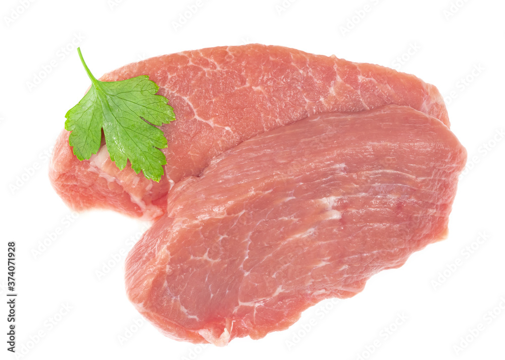 Slice of raw pork meat isolated on white background. schnitzel. steak. meat tenderloin Slice of raw pork meat isolated on white background. schnitzel. steak. meat tenderloin