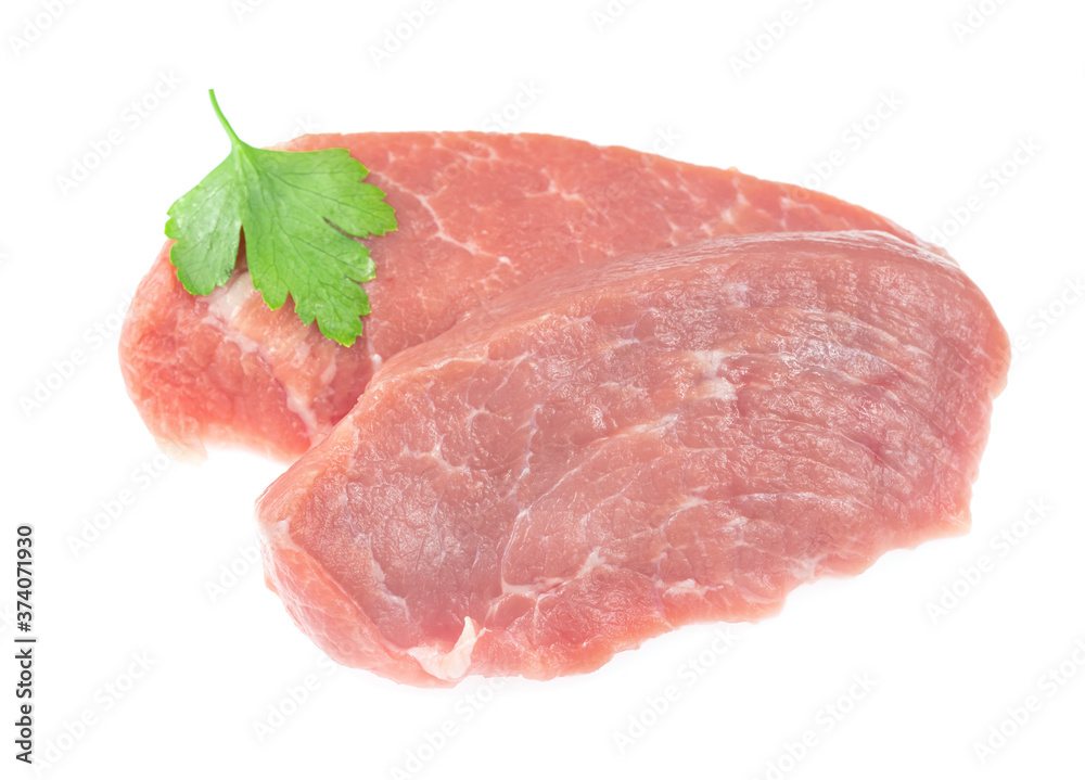 Slice of raw pork meat isolated on white background. schnitzel. steak. meat tenderloin Slice of raw pork meat isolated on white background. schnitzel. steak. meat tenderloin