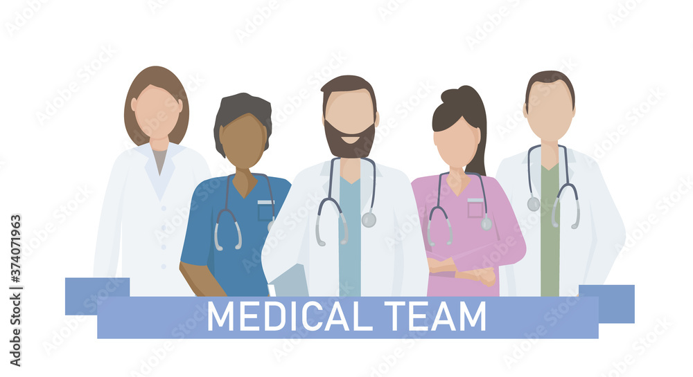 A team of doctors and nurses in uniform, hospital medical staff with stethoscopes in different positions.  The concept of medical care and assistance to people. Vector flat illustration.