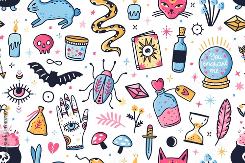 Mystical and magical elements seamless pattern. Colorful astrology or wizardry characters and symbols doodle vector flat illustration. Oracle, clairvoyance, crystal ball, ingredients for magic potion