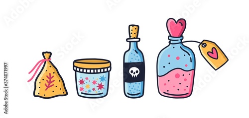 Set of colorful jars and bag with magic potion vector flat illustration in doodle style. Collection of magical composition for sorcery or witchcraft isolated on white. Glass bottles with elixir