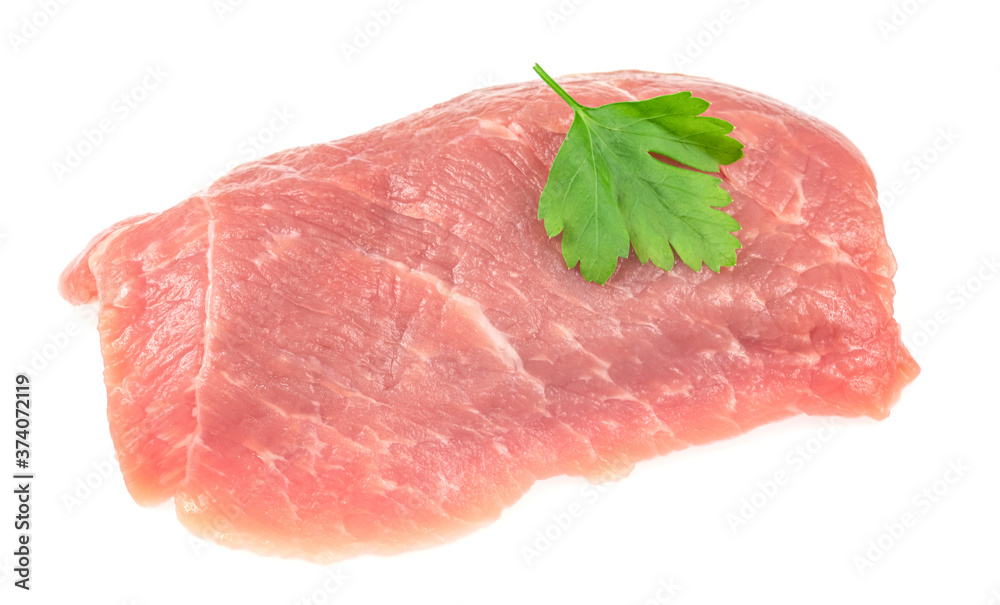 Slice of raw pork meat isolated on white background. schnitzel. steak. meat tenderloin Slice of raw pork meat isolated on white background. schnitzel. steak. meat tenderloin