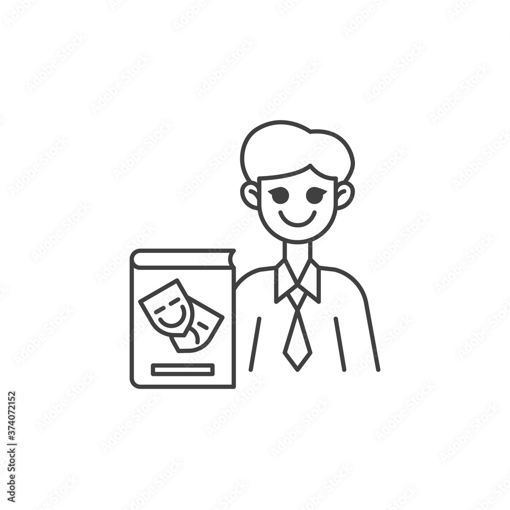 Art teacher line icon. linear style sign for mobile concept and web design. Man teacher with art book outline vector icon. Symbol, logo illustration. Vector graphics Art teacher line icon. linear style sign for mobile concept and web design. Man teacher with art book outline vector icon. Symbol, logo illustration. Vector graphics