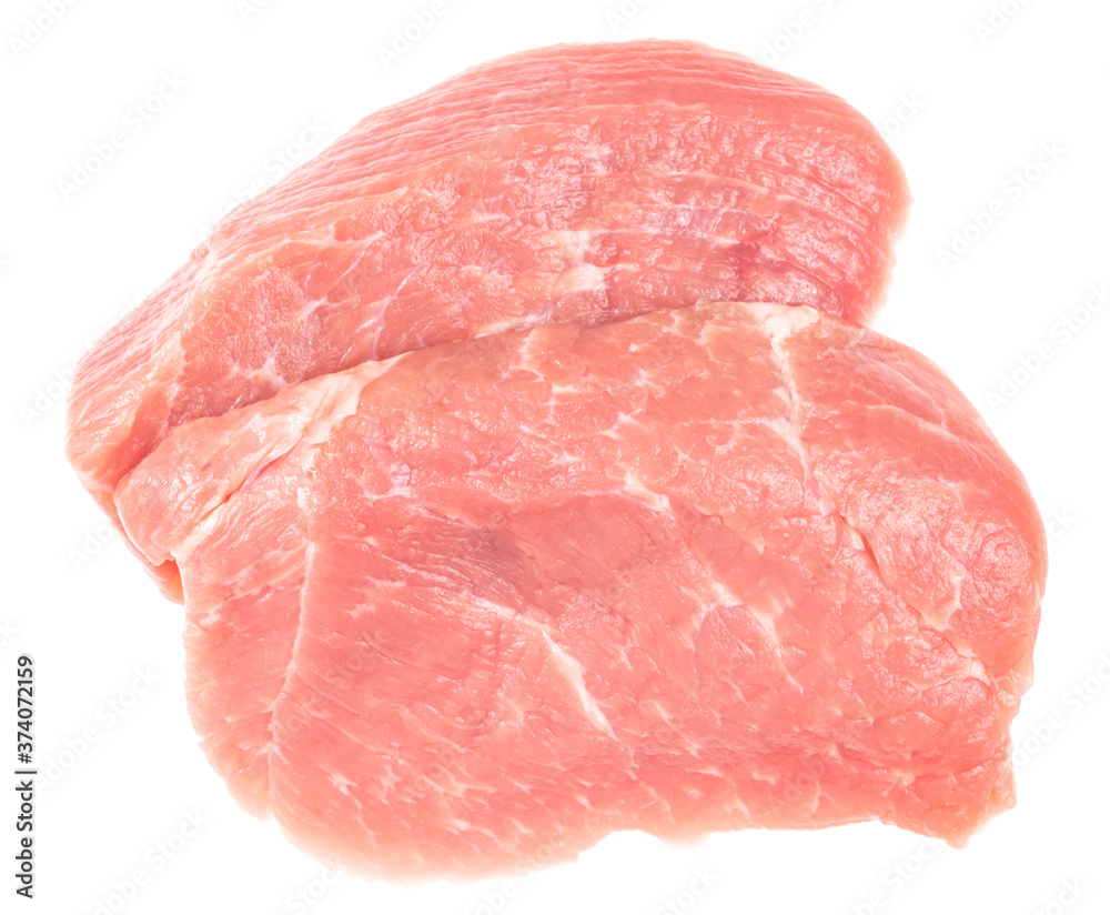 Slice of raw pork meat isolated on white background. schnitzel. steak. meat tenderloin Slice of raw pork meat isolated on white background. schnitzel. steak. meat tenderloin