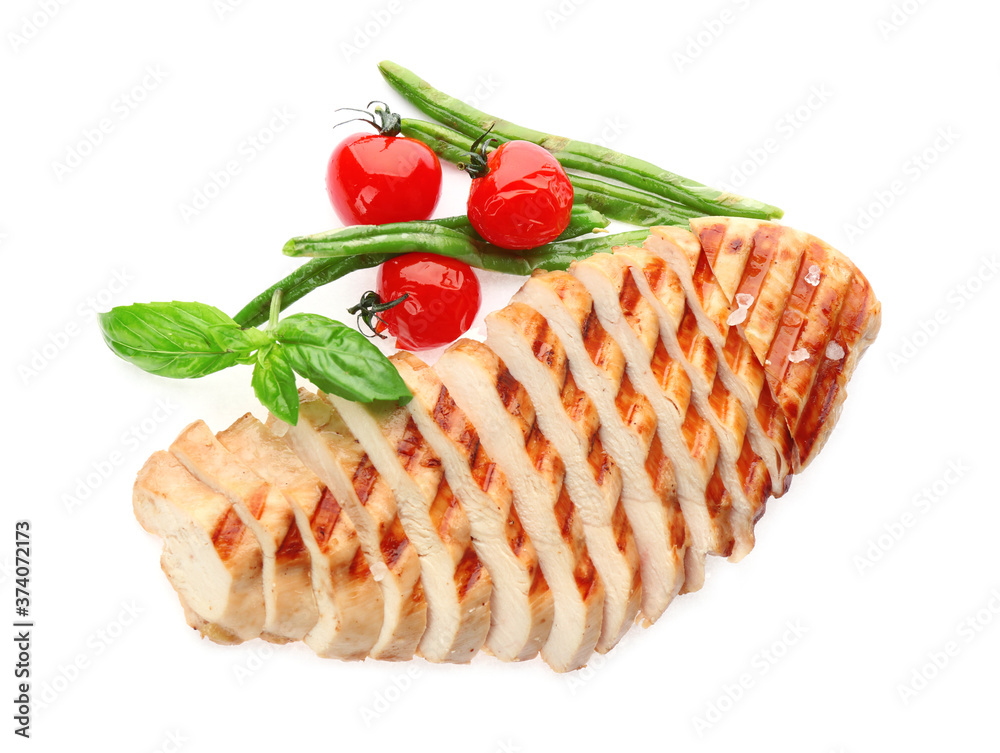 Tasty grilled chicken fillet with green basil, beans and tomatoes isolated on white, top view Tasty grilled chicken fillet with green basil, beans and tomatoes isolated on white, top view