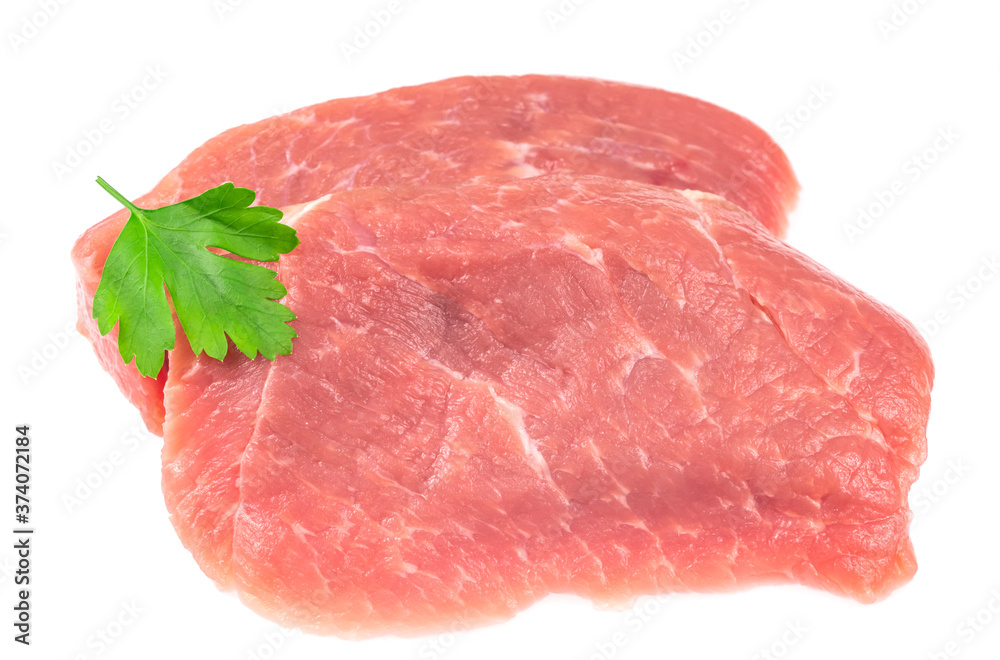 Slice of raw pork meat isolated on white background. schnitzel. steak. meat tenderloin Slice of raw pork meat isolated on white background. schnitzel. steak. meat tenderloin