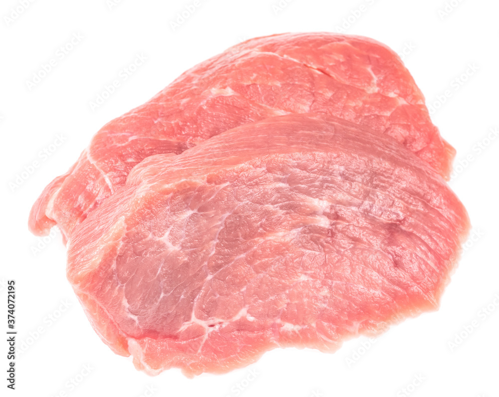 Slice of raw pork meat isolated on white background. schnitzel. steak. meat tenderloin Slice of raw pork meat isolated on white background. schnitzel. steak. meat tenderloin
