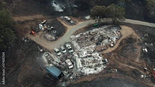 Napa, California, USA. 22 August 2020. Aerial: Burnt down home and business. LNU Lightning Complex Fire that ravaged the Napa, Sonoma, Lake and Solano counties. photo