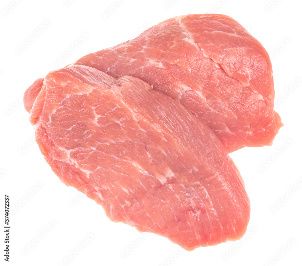 Slice of raw pork meat isolated on white background. schnitzel. steak. meat tenderloin Slice of raw pork meat isolated on white background. schnitzel. steak. meat tenderloin