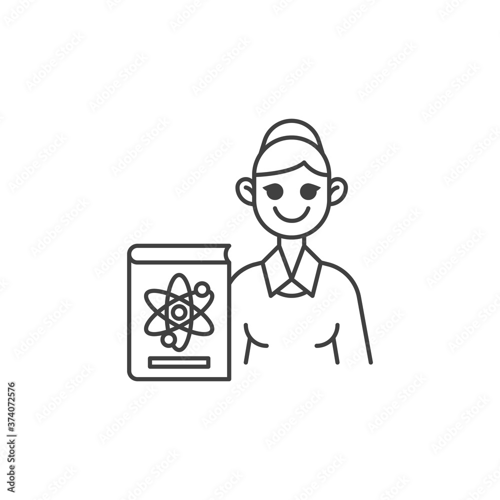 Physics teacher line icon. linear style sign for mobile concept and web design. Woman teacher with physics book outline vector icon. Symbol, logo illustration. Vector graphics Physics teacher line icon. linear style sign for mobile concept and web design. Woman teacher with physics book outline vector icon. Symbol, logo illustration. Vector graphics
