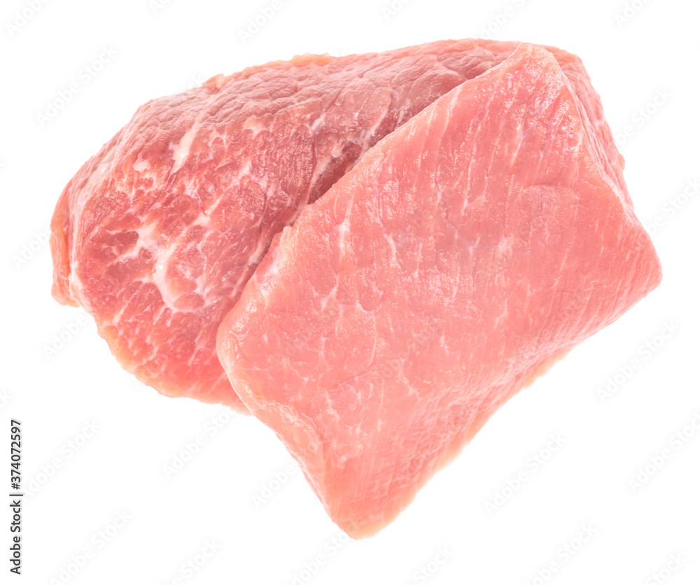 Slice of raw pork meat isolated on white background. schnitzel. steak. meat tenderloin Slice of raw pork meat isolated on white background. schnitzel. steak. meat tenderloin