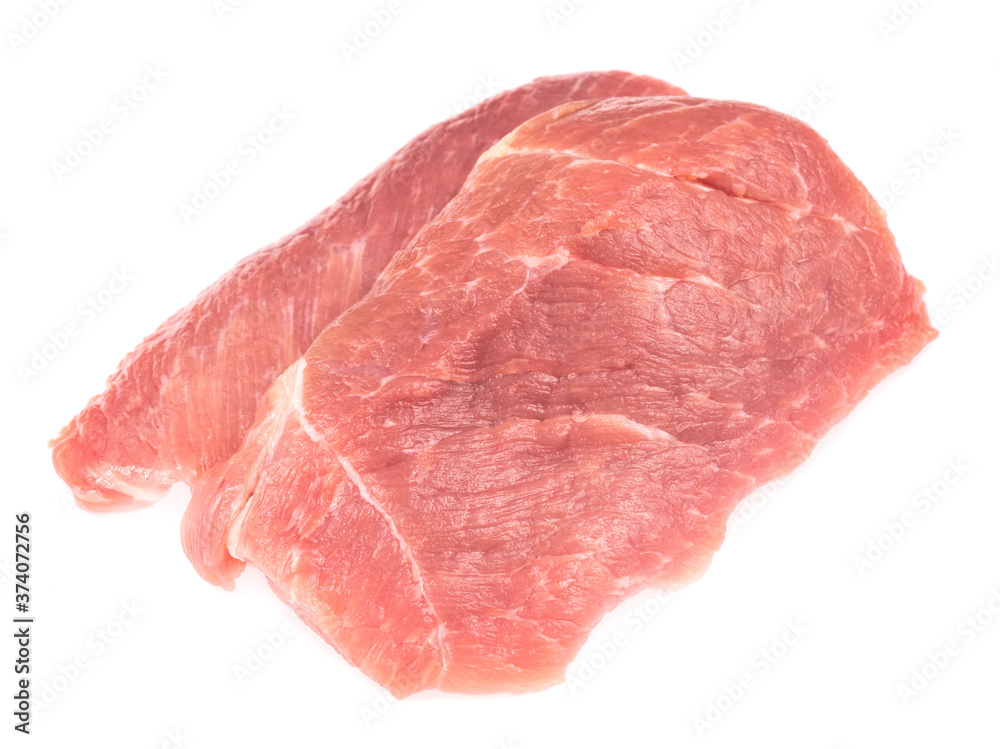 Slice of raw pork meat isolated on white background. schnitzel. steak. meat tenderloin Slice of raw pork meat isolated on white background. schnitzel. steak. meat tenderloin