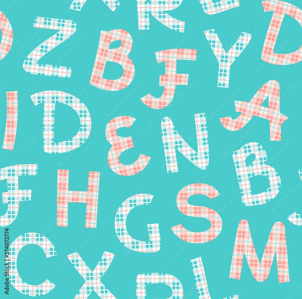 Letters pink, checkered, English alphabet, seamless pattern, blue. Capital letters in pink and blue checkered on a blue field. Vector. Letters pink, checkered, English alphabet, seamless pattern, blue. Capital letters in pink and blue checkered on a blue field. Vector.