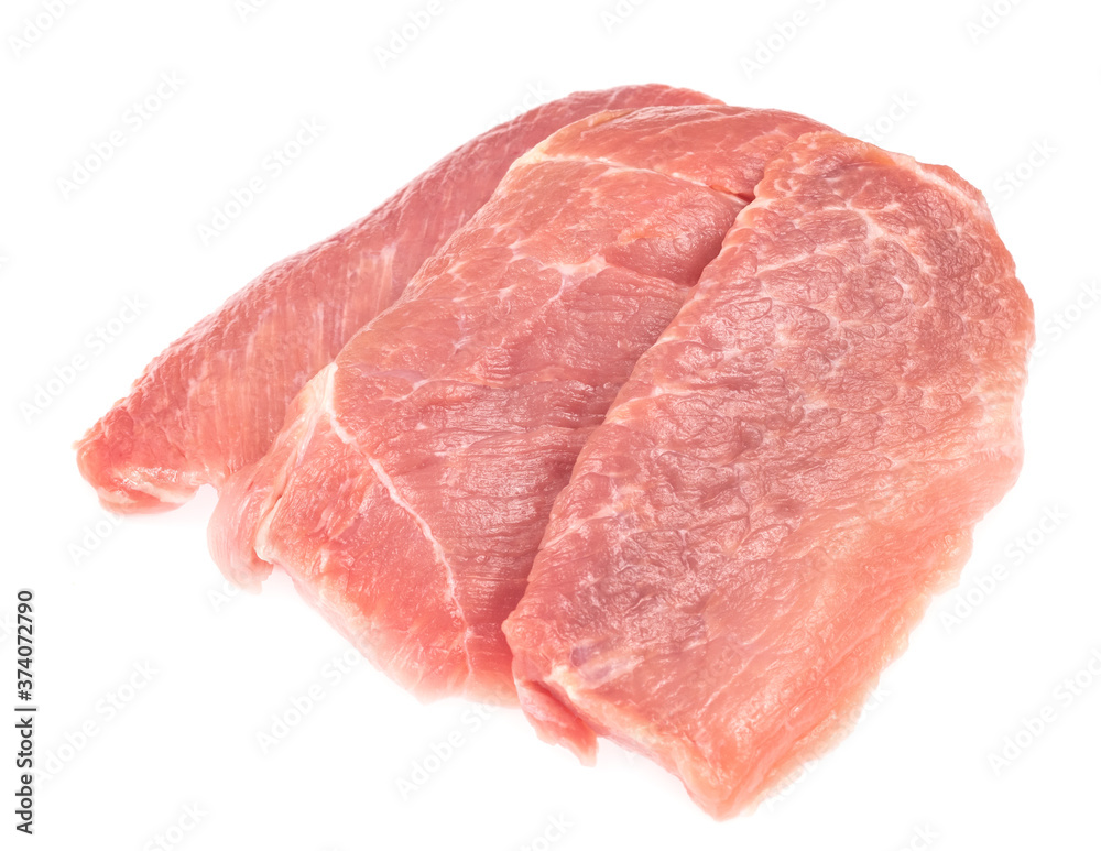 Slice of raw pork meat isolated on white background. schnitzel. steak. meat tenderloin Slice of raw pork meat isolated on white background. schnitzel. steak. meat tenderloin