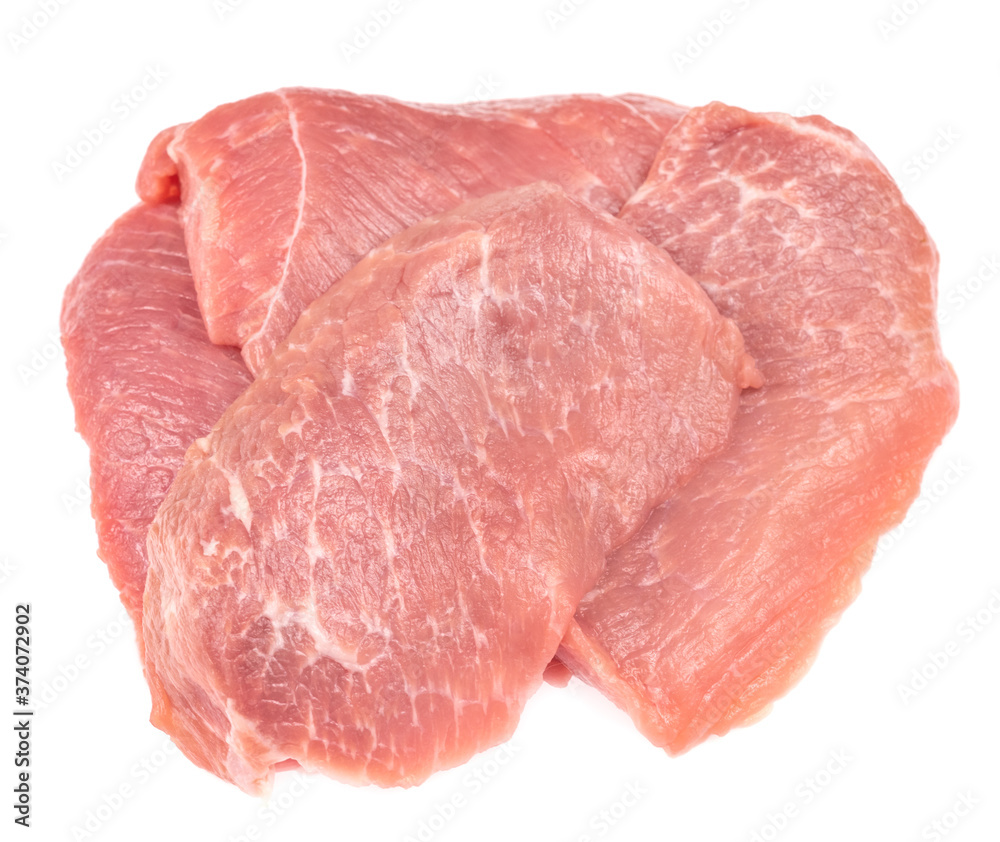 Slice of raw pork meat isolated on white background. schnitzel. steak. meat tenderloin Slice of raw pork meat isolated on white background. schnitzel. steak. meat tenderloin