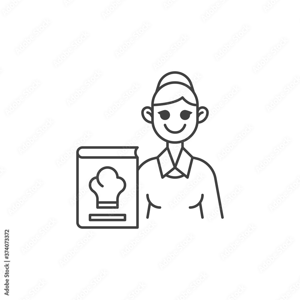 Cook teacher line icon. linear style sign for mobile concept and web design. Woman teacher with culinary book outline vector icon. Symbol, logo illustration. Vector graphics Cook teacher line icon. linear style sign for mobile concept and web design. Woman teacher with culinary book outline vector icon. Symbol, logo illustration. Vector graphics
