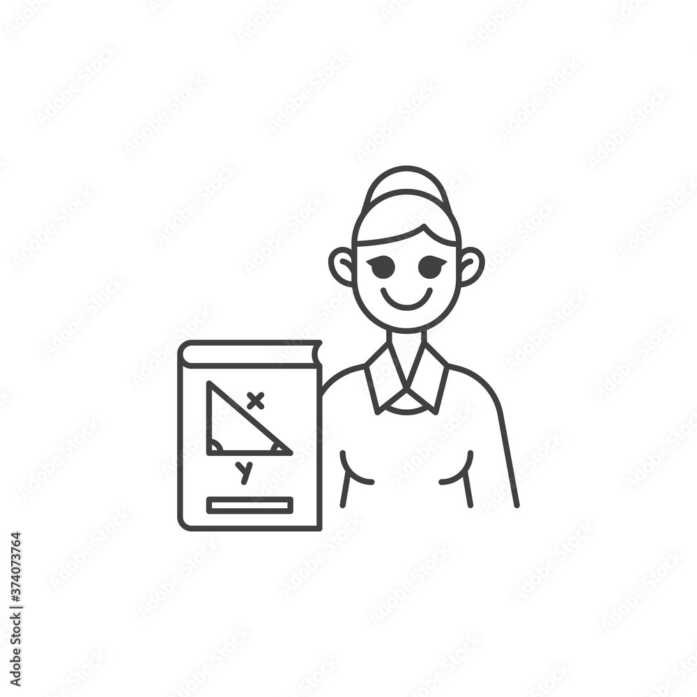 Geometry teacher line icon. linear style sign for mobile concept and web design. Woman teacher with geometry book outline vector icon. Symbol, logo illustration. Vector graphics Geometry teacher line icon. linear style sign for mobile concept and web design. Woman teacher with geometry book outline vector icon. Symbol, logo illustration. Vector graphics