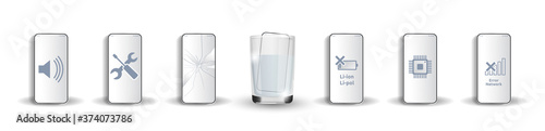 Set of damaged mobile phones: soaked in water, with broken screen, with dead battery, does not catch mobile network, chip is damaged, sound does not work Isolated for server companies 3d realism Glass