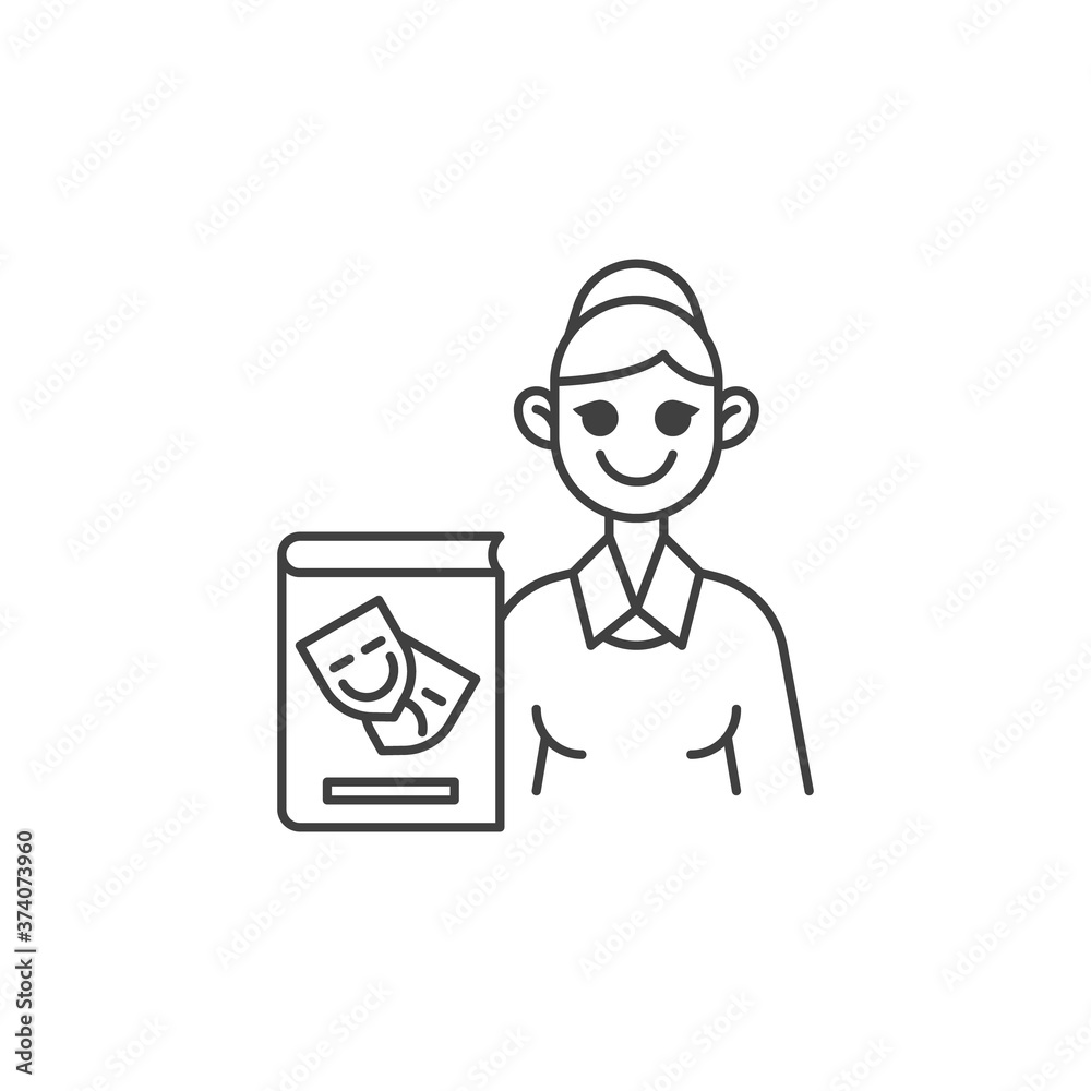 Art teacher line icon. linear style sign for mobile concept and web design. Woman teacher with artist book outline vector icon. Symbol, logo illustration. Vector graphics Art teacher line icon. linear style sign for mobile concept and web design. Woman teacher with artist book outline vector icon. Symbol, logo illustration. Vector graphics