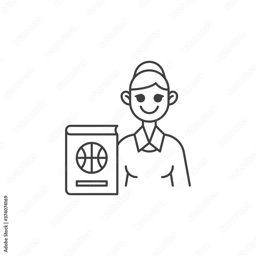 Basketball coach teacher line icon. linear style sign for mobile concept and web design. Woman teacher with basketball book outline vector icon. Symbol, logo illustration. Vector graphics Basketball coach teacher line icon. linear style sign for mobile concept and web design. Woman teacher with basketball book outline vector icon. Symbol, logo illustration. Vector graphics