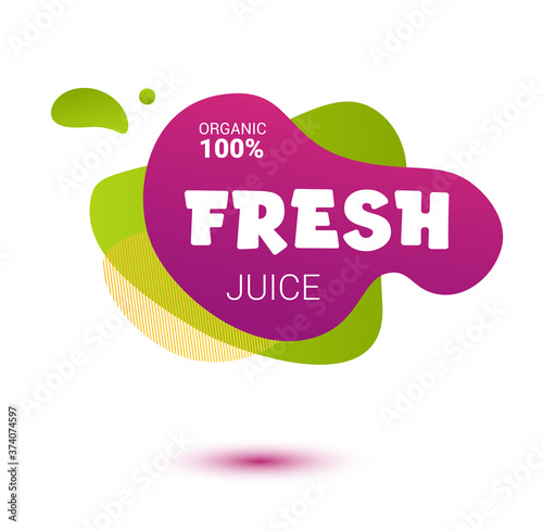Fresh juice tag. Bright splash shiny stickers, organic emblems, tags and labels. For badges of fresh market, detox, farmers market, eco shop, smoothies drinks, juice cafe, green bar.