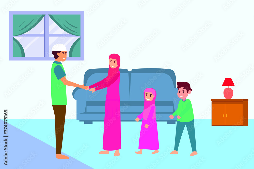 Eid Mubarak vector concept: group of happy family apologizing and forgiving each other in their home Eid Mubarak vector concept: group of happy family apologizing and forgiving each other in their home