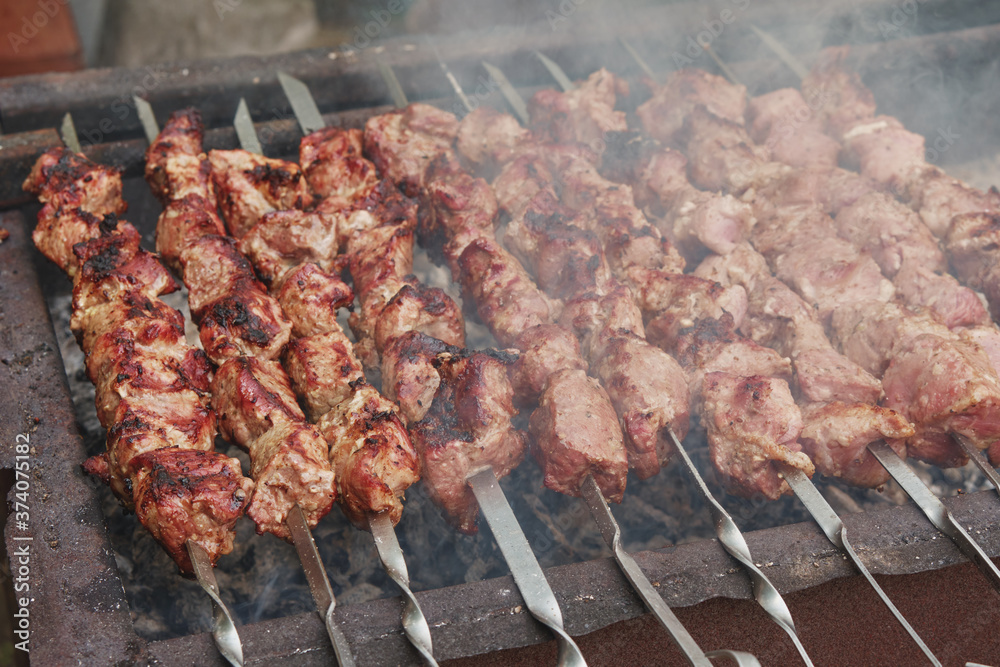 Barbecue on the coals. Grilled meat on a spit.
