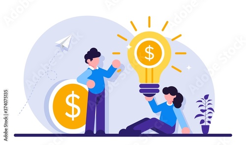 Business concept. Young businessman and businesswoman. Team success. An idea that generates revenue. A coin with a dollar. Modern flat illustration.
