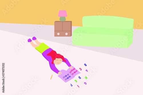 Kindergarten vector concept: happy adorable girl reading and studying letters happily in the living room
