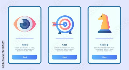 Vision goal strategy for mobile apps template banner page UI with three variations modern flat color style