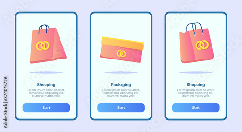 Shopping packaging for mobile apps template banner page UI with three variations modern flat color style
