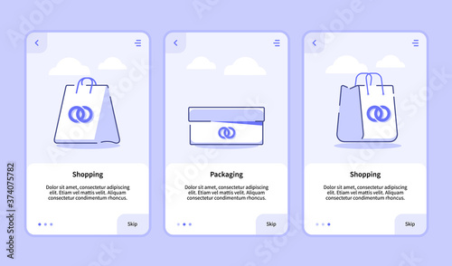 Shopping packaging onboarding screen for mobile apps template banner page UI with three variations modern flat outline style.