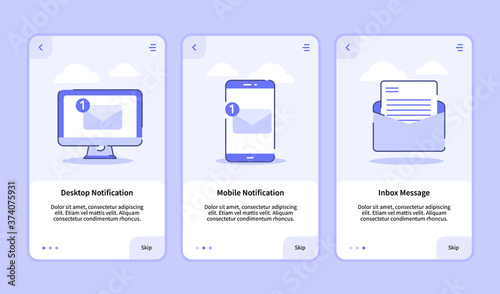Desktop notification mobile notification inbox message onboarding screen for mobile apps template banner page UI with three variations modern flat outline style