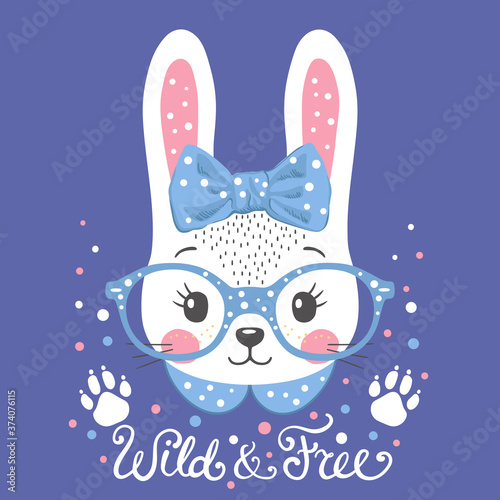Cute rabbit girl face with footprint. Wild and Free slogan. Illustration for t-shirt prints and other uses.