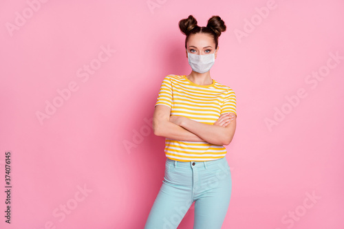Portrait of her she nice attractive content girl wearing safety mask folded arms pandemia contamination wuhan sickness illness disease flu flue grippe isolated pastel pink color background