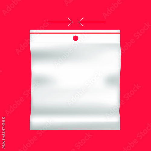 Plastic Polyethylene Pocket Bag With Zipper, Zip lock. Red background. Clean Hang Slot, Pouch Packaging. Isolated Vector Illustration