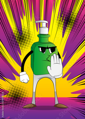 Cartoon bottle of hand sanitizer gel with face showing deny or refuse hand gesture.