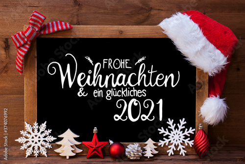 Chalkboard, Christmas Decoration, Red Ball, Glueckliches 2021 Means Happy 2021 photo