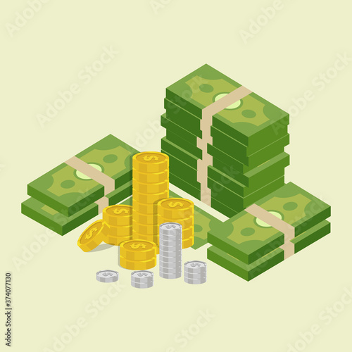 Coins stack vector illustration, flat coin money stacked flat icon, golden penny cash pile, treasure heap isolated on color background, Design for Finance.
