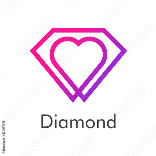Logotipo abstracto con texto Diamond con diamante y corazón lineal en rosa y púrpura