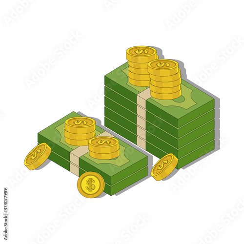 Coins stack vector illustration, flat coin money stacked flat icon, golden penny cash pile, treasure heap isolated on color background, Design for Finance.
