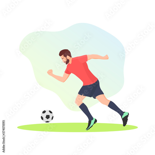 Fototapeta Naklejka Na Ścianę i Meble -  Young male football or soccer player dribbling ball. Sports match concept. Athlete icon sign or symbol. Sport game element. Professional footballer in action - Flat vector character illustration.
