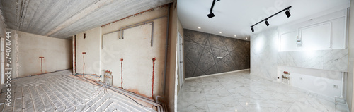 Comparison of freshly renovated apartment with marble floor, old place with underfloor heating pipes. Modern empty flat with stylish design before and after restoration. Concept of home refurbishment.