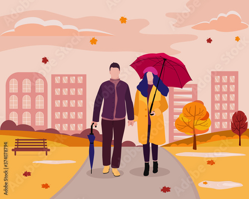 Happy couple of lovers with umbrella walking in a beautiful autumn city park. The concept of family outdoor recreation. Vector illustration of a man and a woman. Autumn